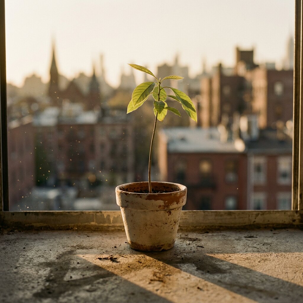 A single young sapling in a chalky terracotta pot on a weathered concrete ledge, golden-hour city skyline blurred behind it.